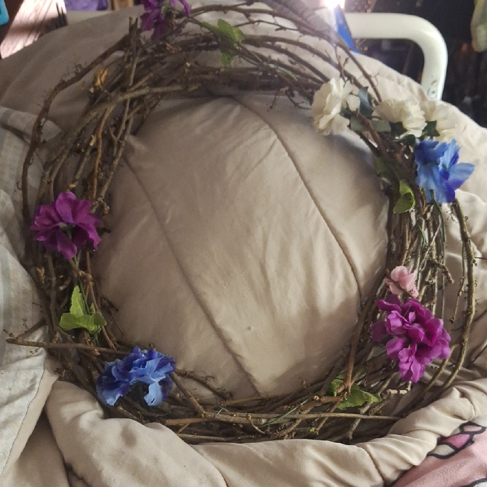 Floral Twig Wreath with Purple and Blue Flowers